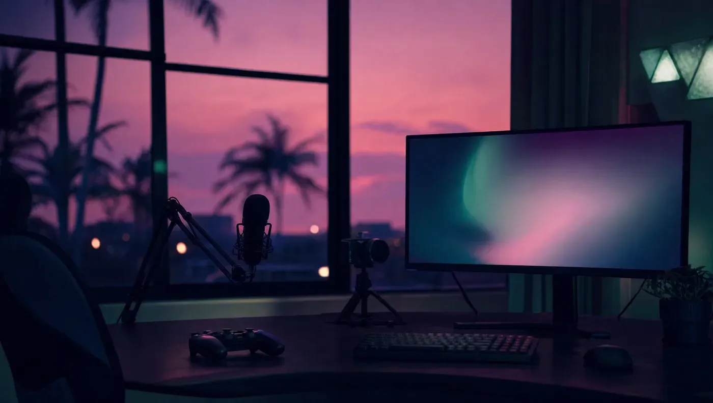 A streaming desk at night with a microphone, controller and a window onto palm trees