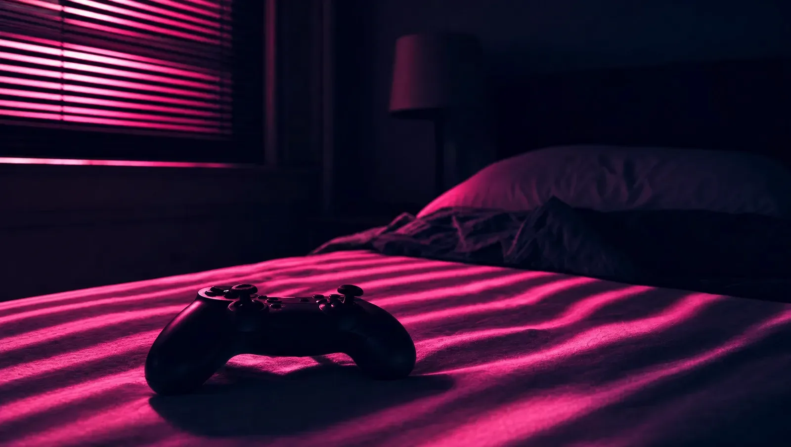 A game controller on a motel bed striped with pink neon light through window blinds