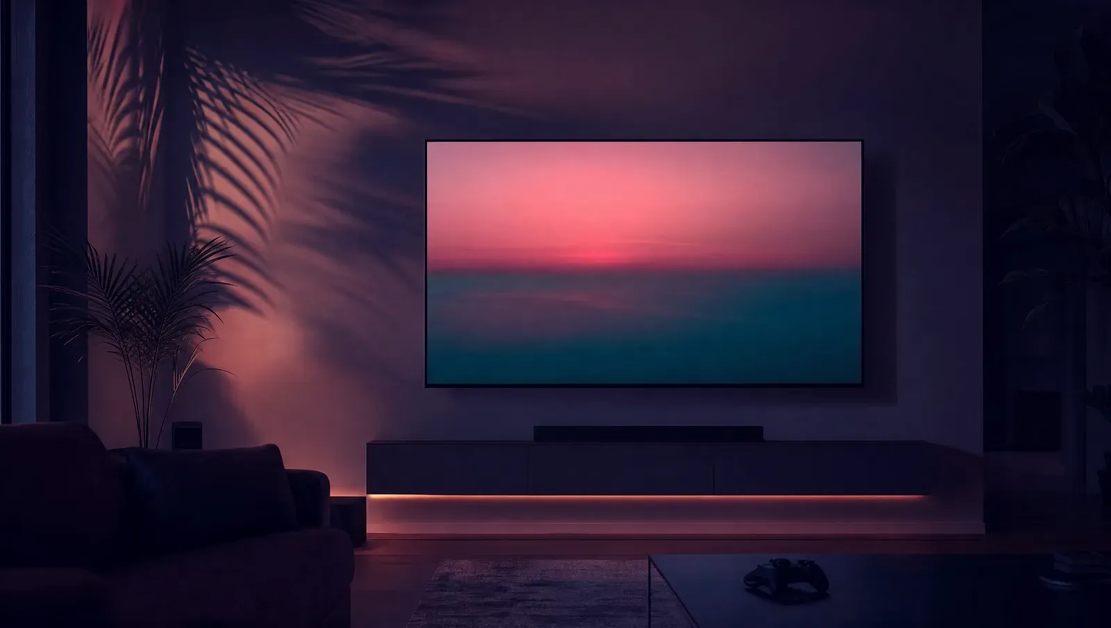 A dark living room lit by a wall-mounted TV glowing pink and green, palm shadows on the wall