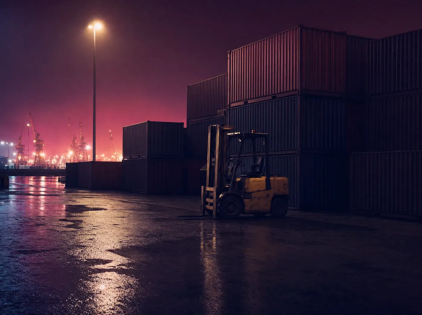 Shipping containers and a forklift on a dark dock at night