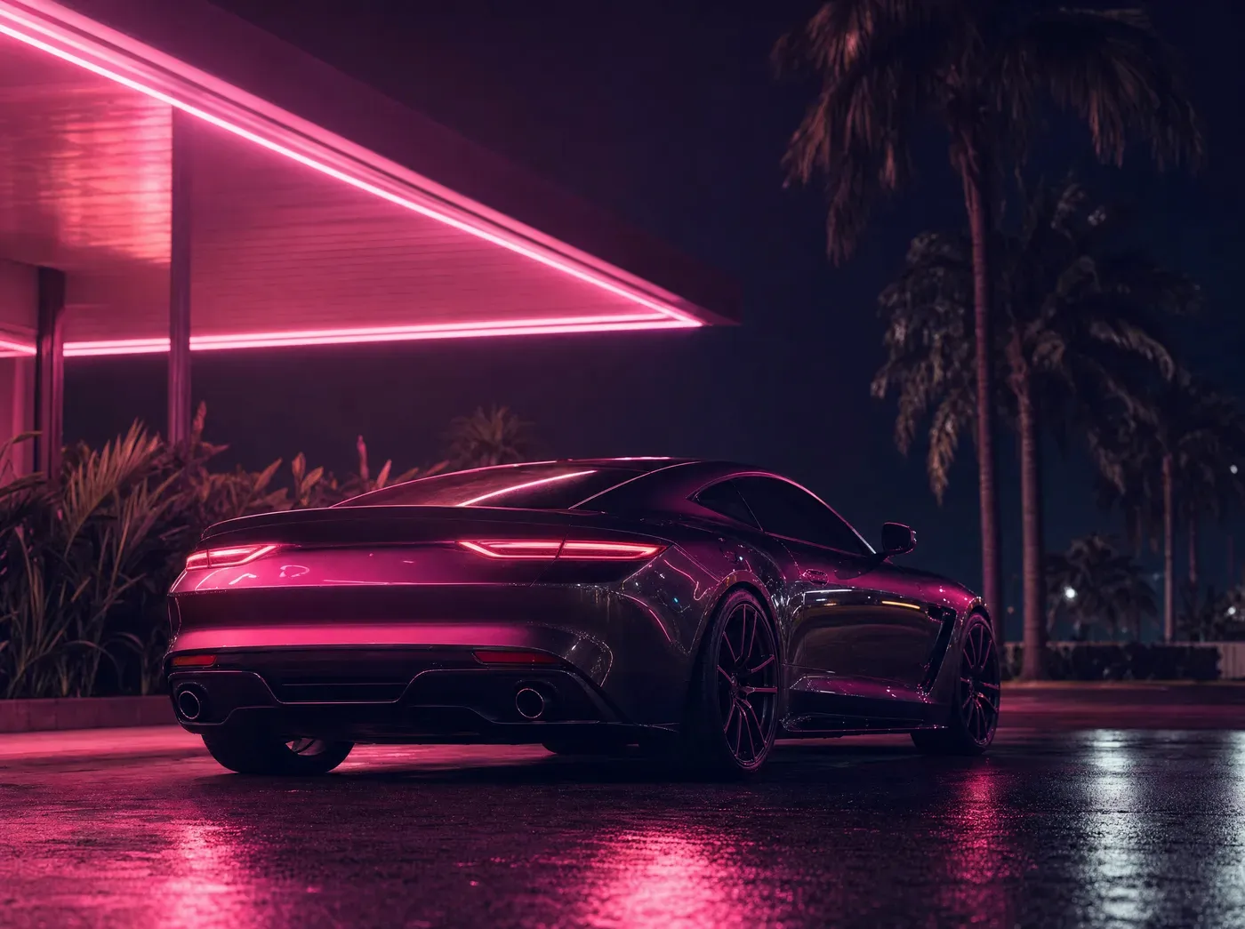 A low sports coupe glowing under pink roadside neon on wet asphalt